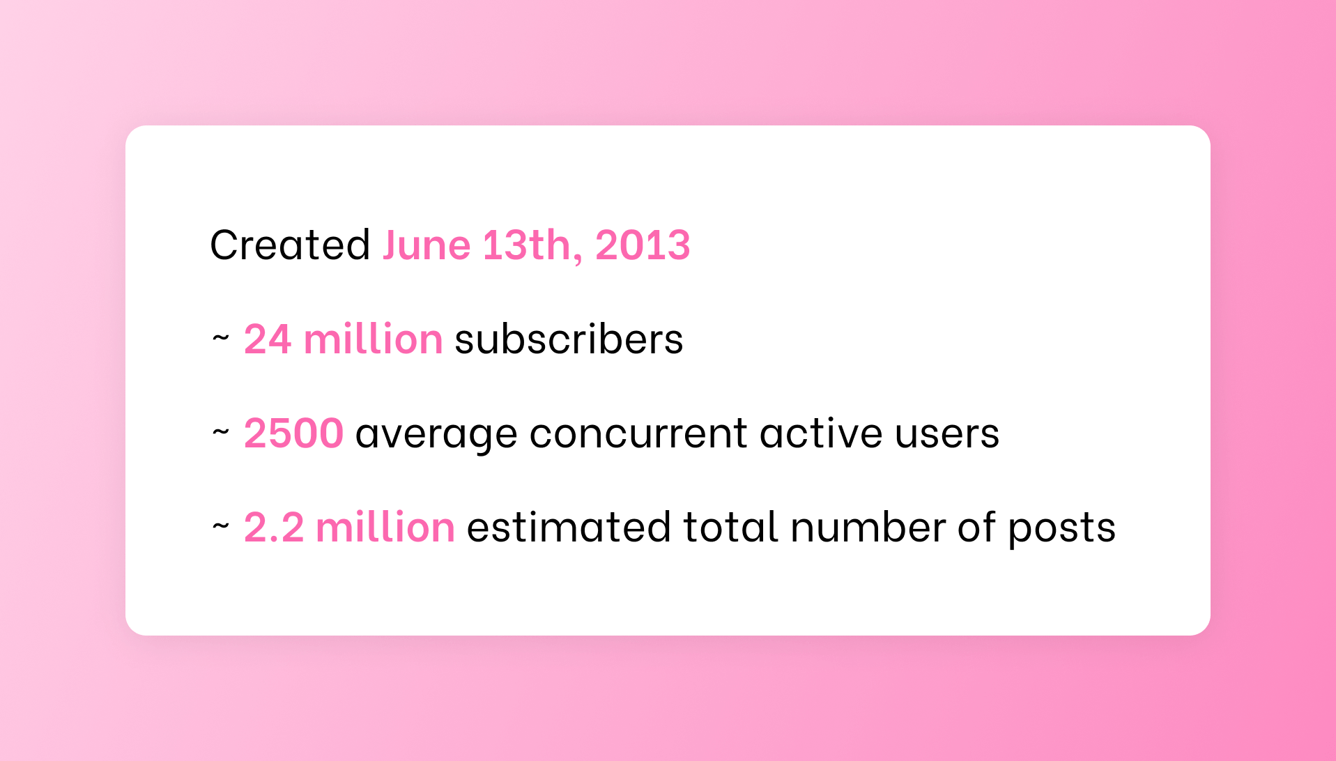 Statistics about r/amitheasshole forum on reddit: Created June 13th, 2013, ~ 24 million subscribers, ~ 2500 average concurrent active users, ~ 2.2 million estimated total number of posts.