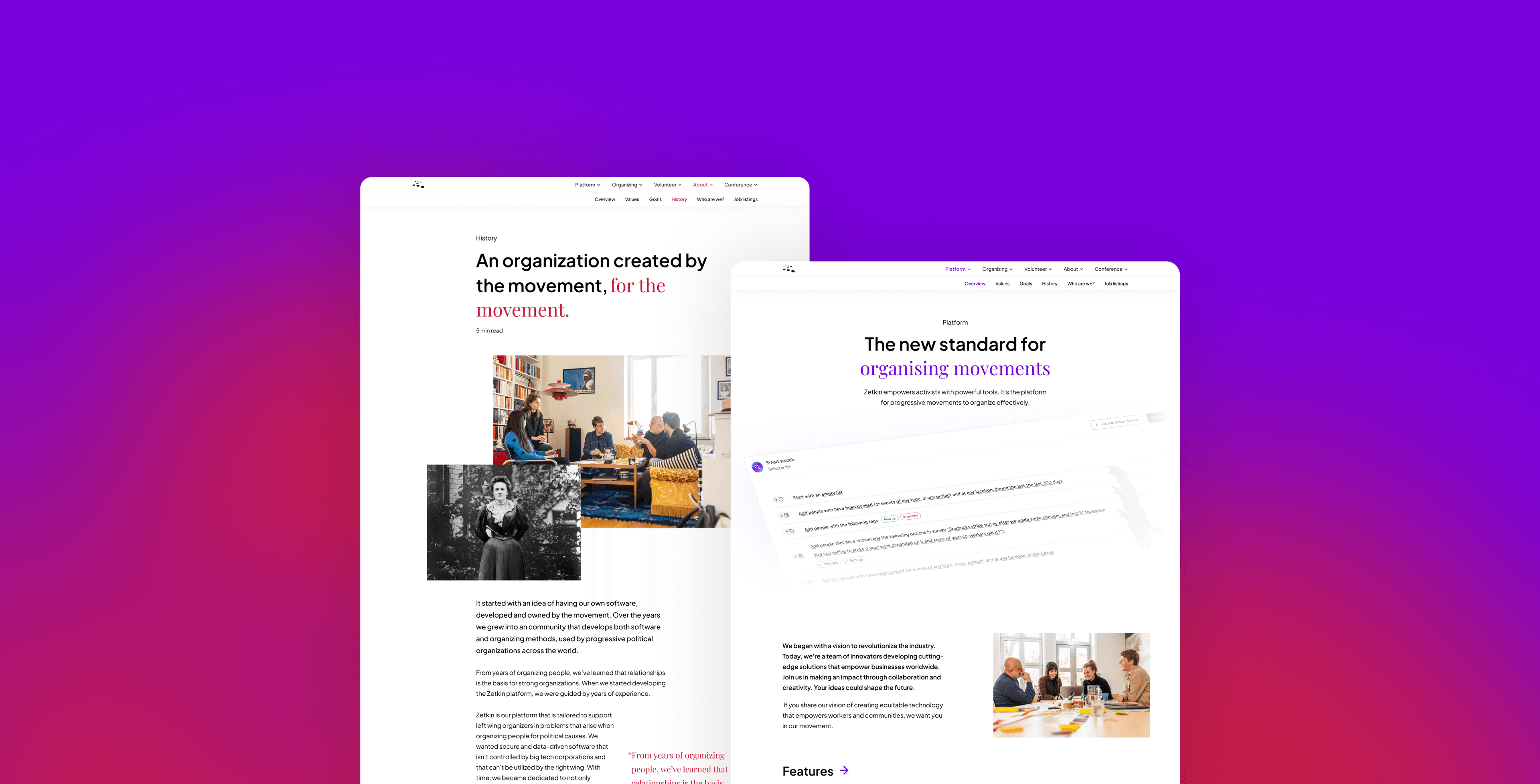 Zetkin website mockups preview on gradient red and purple background