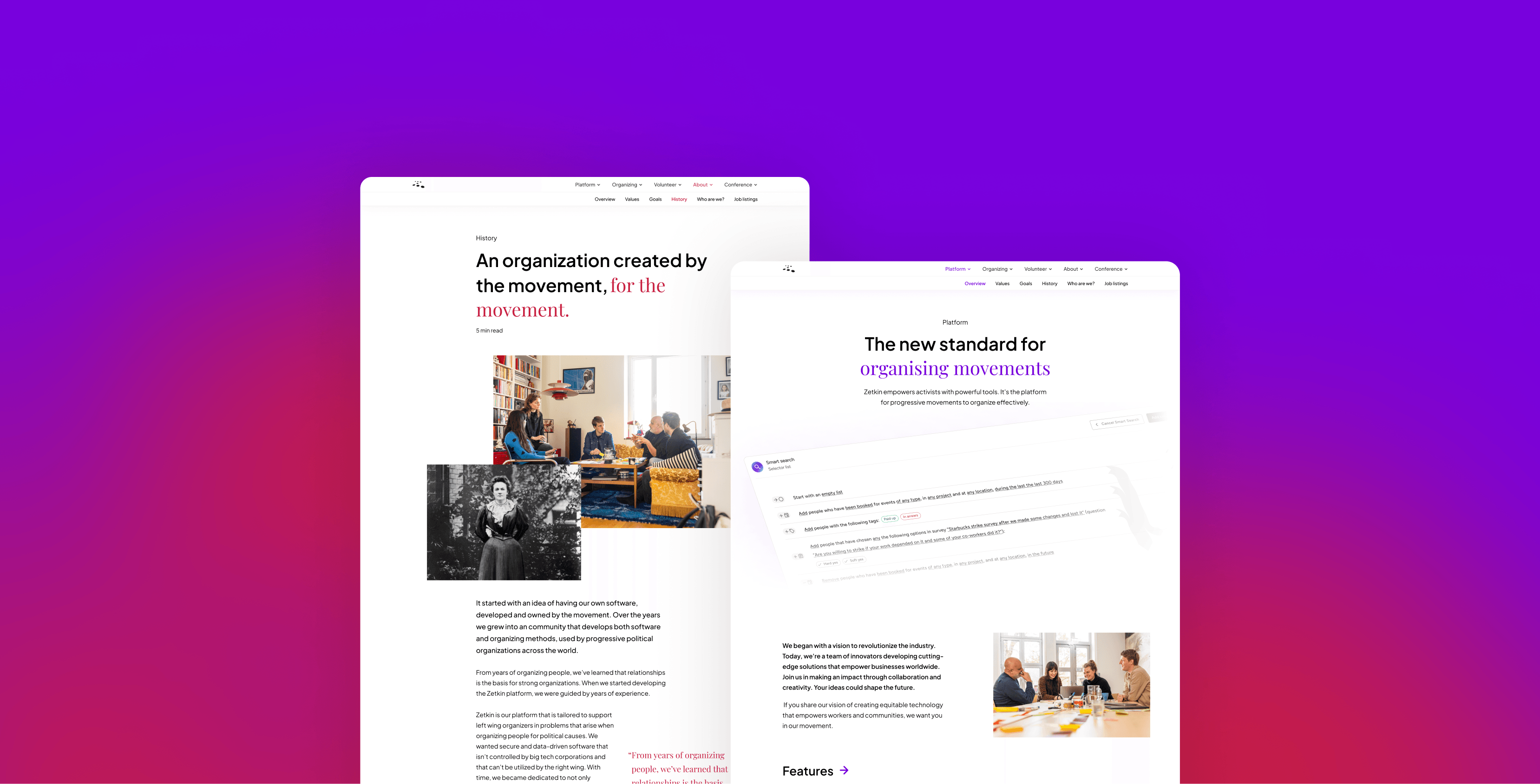 Zetkin website mockups preview on gradient red and purple background