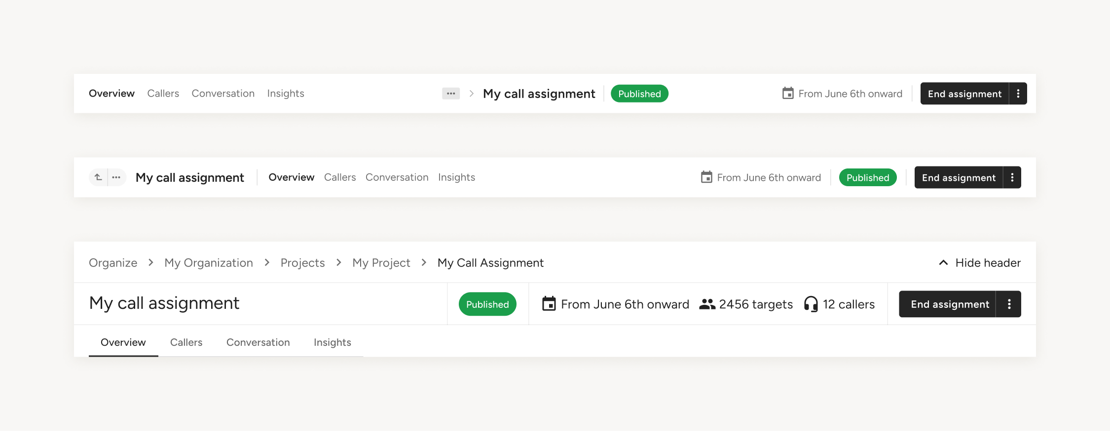 Early iterations of the header component