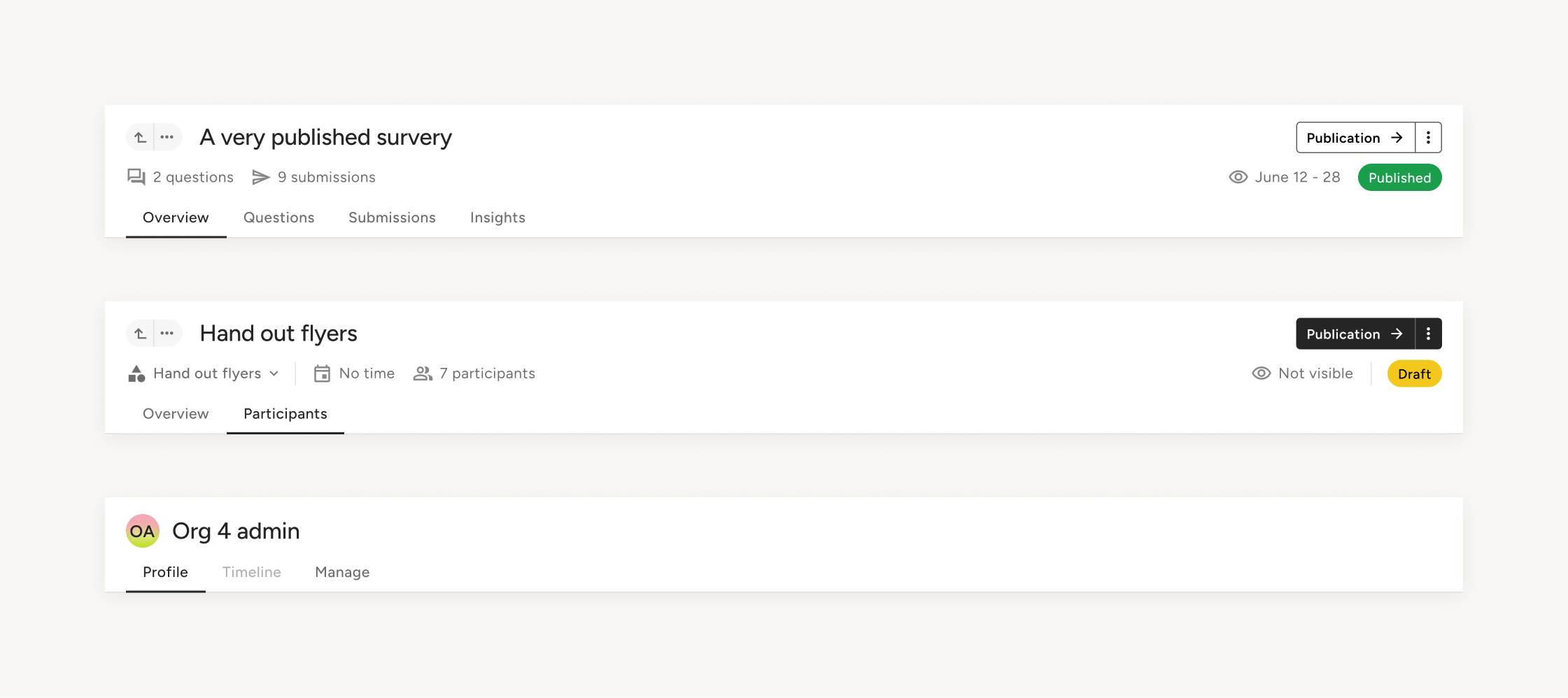 Example of how the header looks in different pages with various requirements.