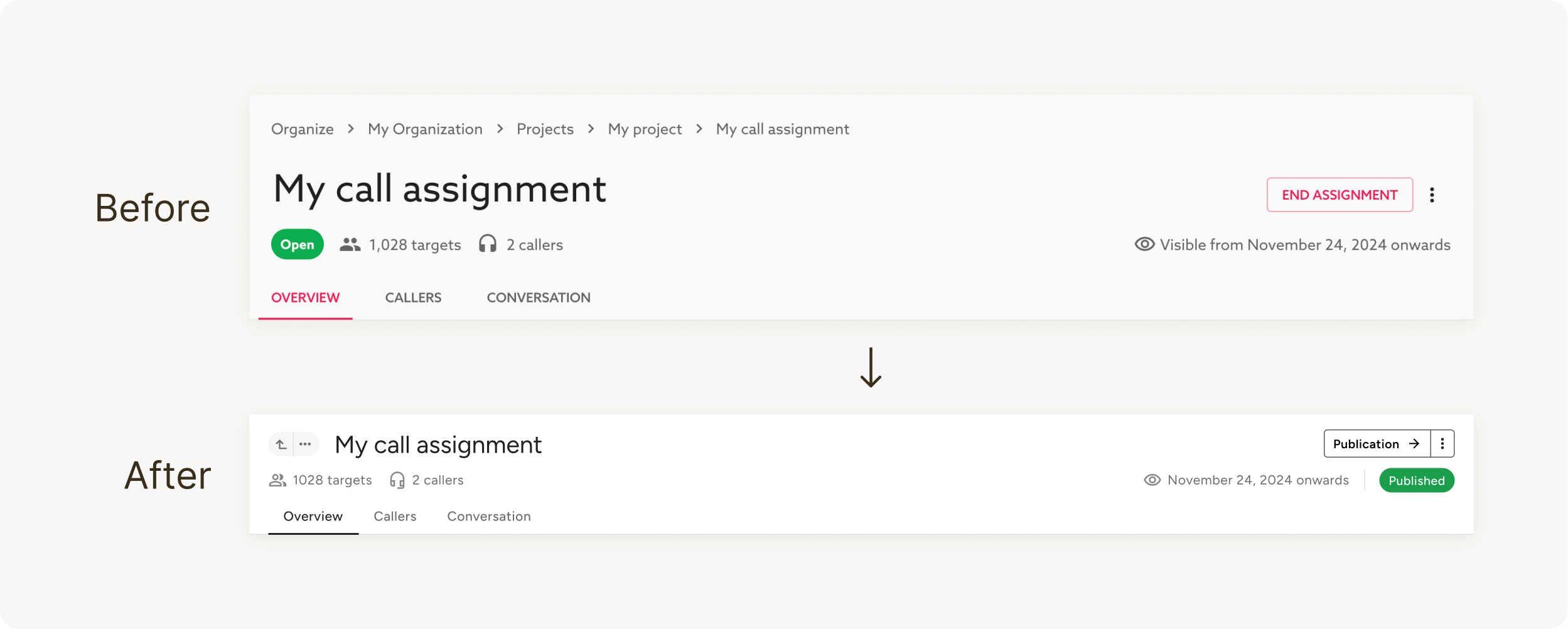 Before and after of the page header component redesign