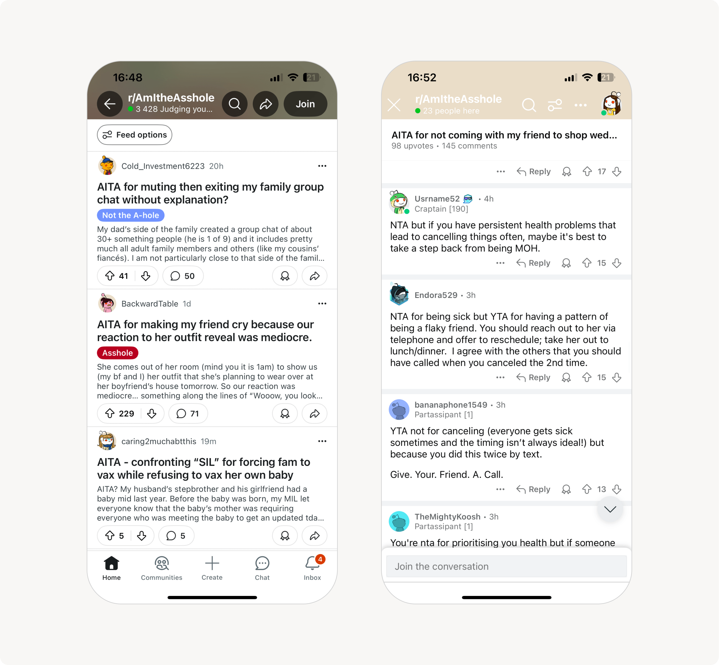 Two screenshots of the Reddit mobile application, first one highlighting tags that moderators apply to posts to preview what the posts contain, and the second one shows how in order to vote for a post users manually write their vote in their comments.