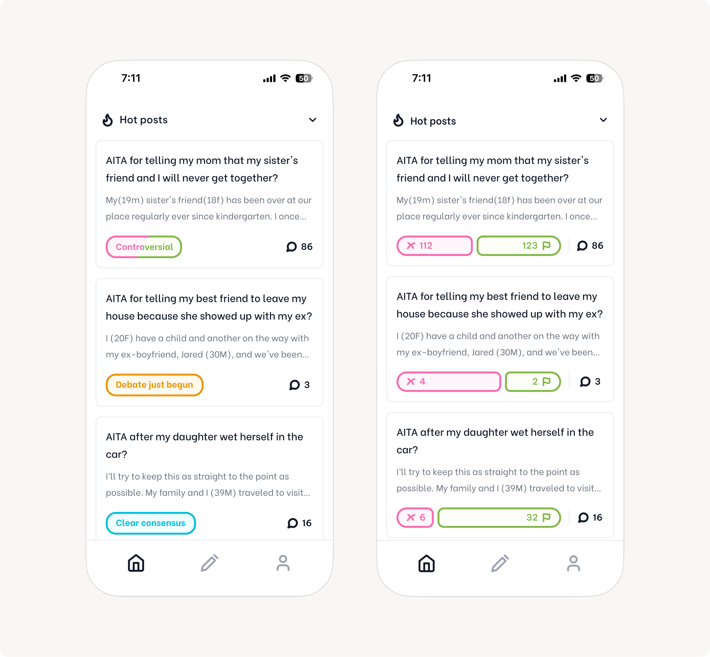 Screenshots of the AITA app feed page. The first screenshot illustrates our take on tags that do not spoil the user consensus of a post. The second screenshot shows our other alternative that shows a graph by every posts with the division of votes.