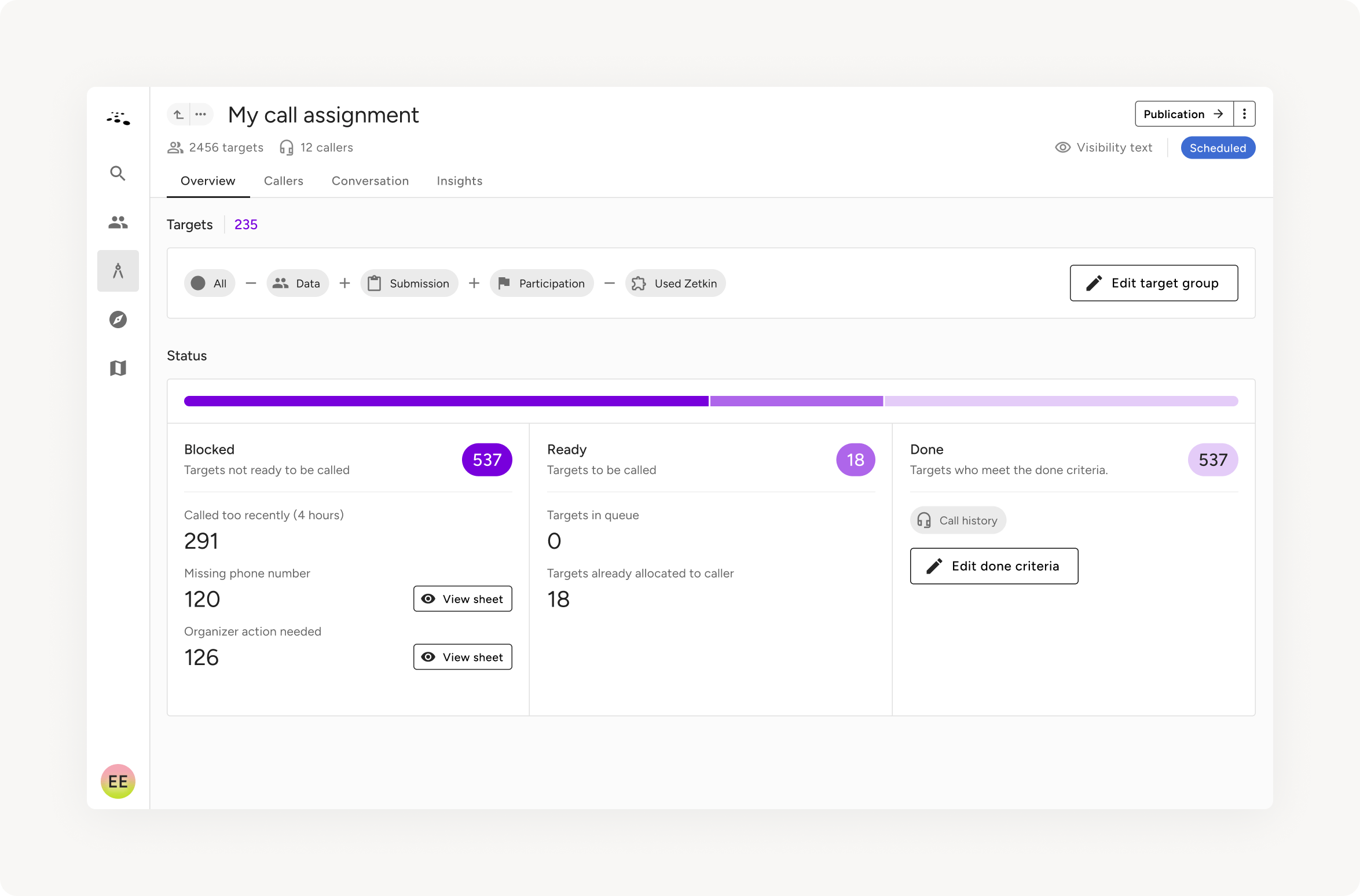 Screenshot of the call assignment page with the new design system