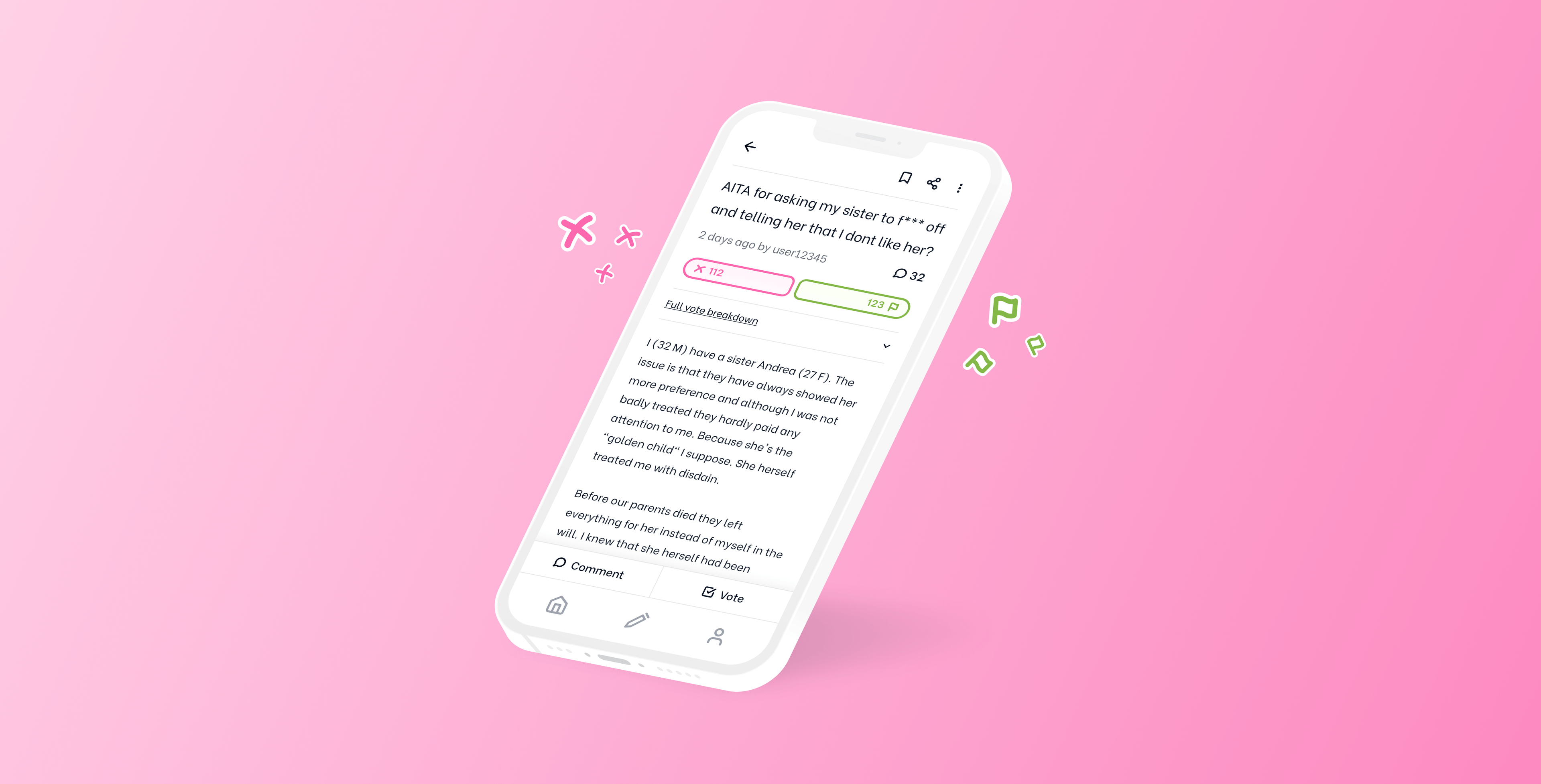 Image of AITA app specific post page on a white mockup mobile device, pink gradient backdrop.