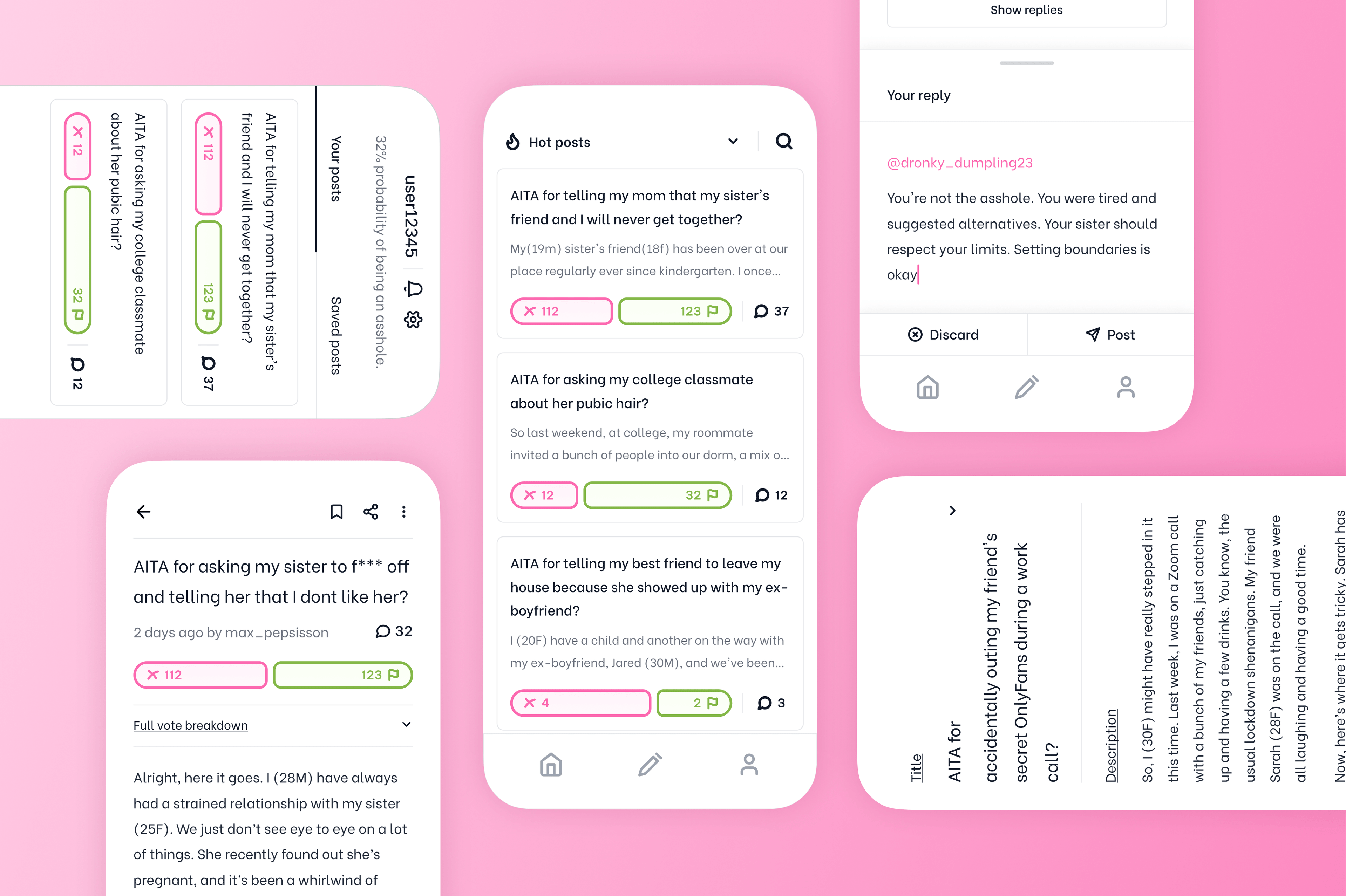 Screen showcase displaying various screens from the AITA app with a pink background.