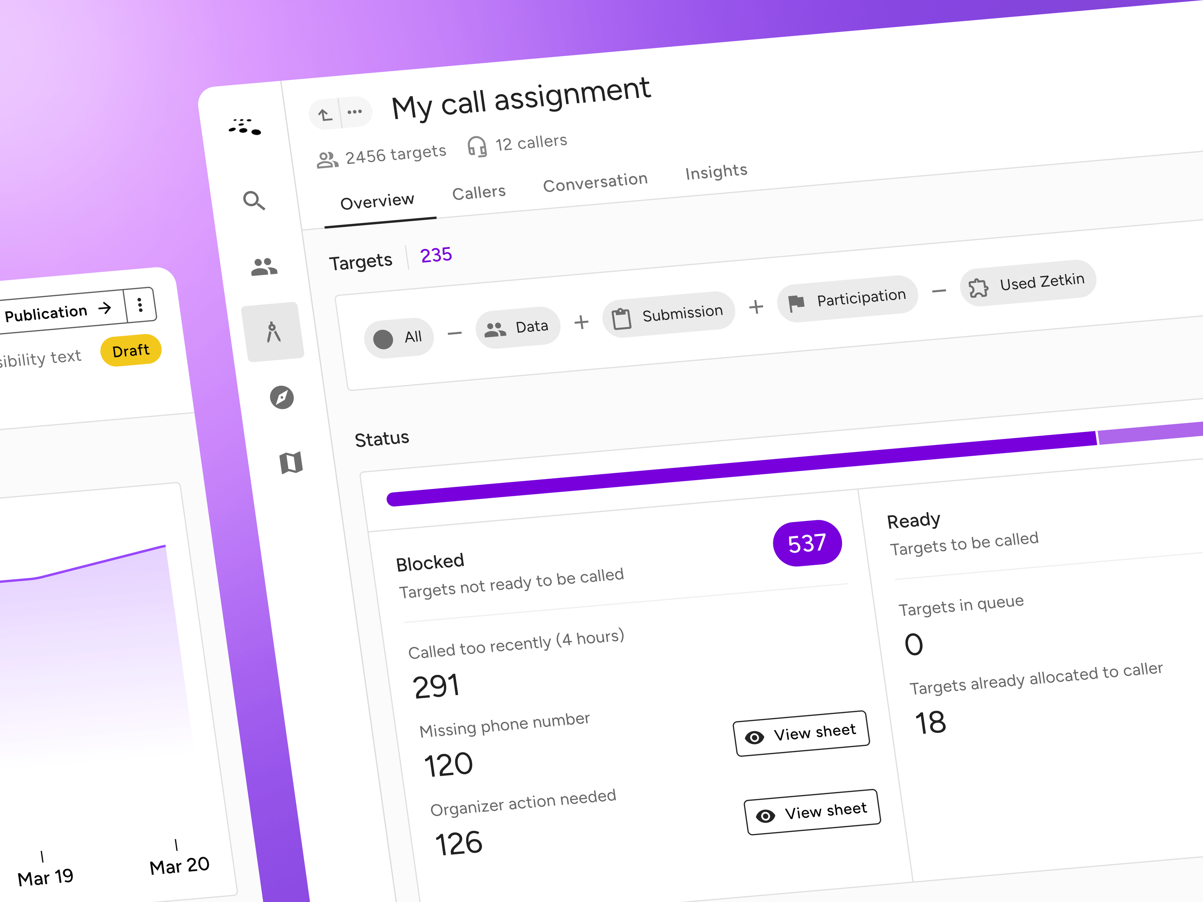 Hero image of zetkin design system, two screens showing the ui on a purple gradient background